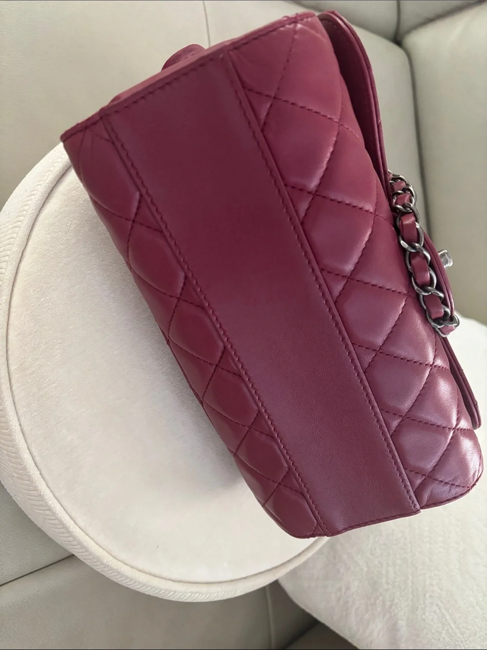 CHANEL Quilted Shoulder Bag in Burgundy Red with Silver Hardware